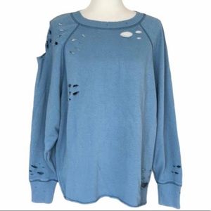 Blue Oversized Distressed Sweatshirt